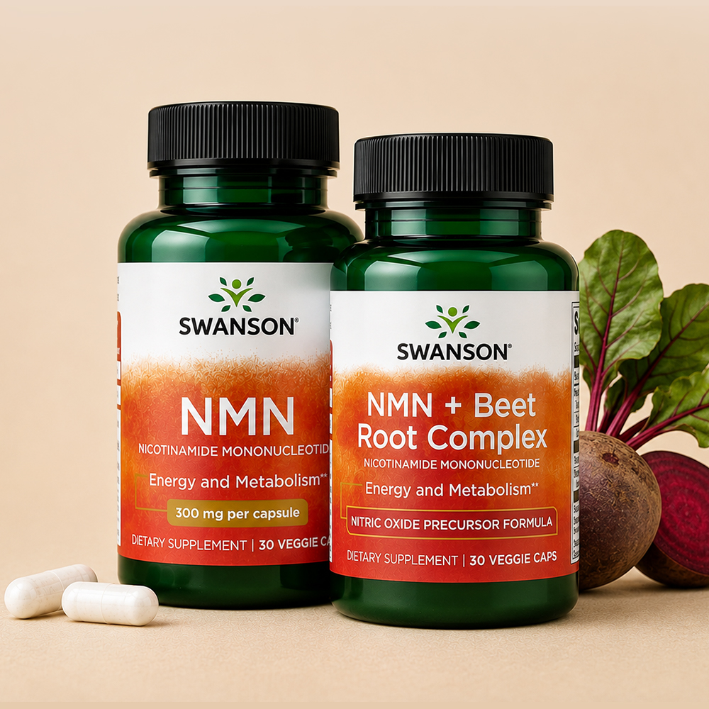 Two Swanson supplements, NMN and NMN + Beet Root Complex, displayed on a beige background with beet roots and white capsules.