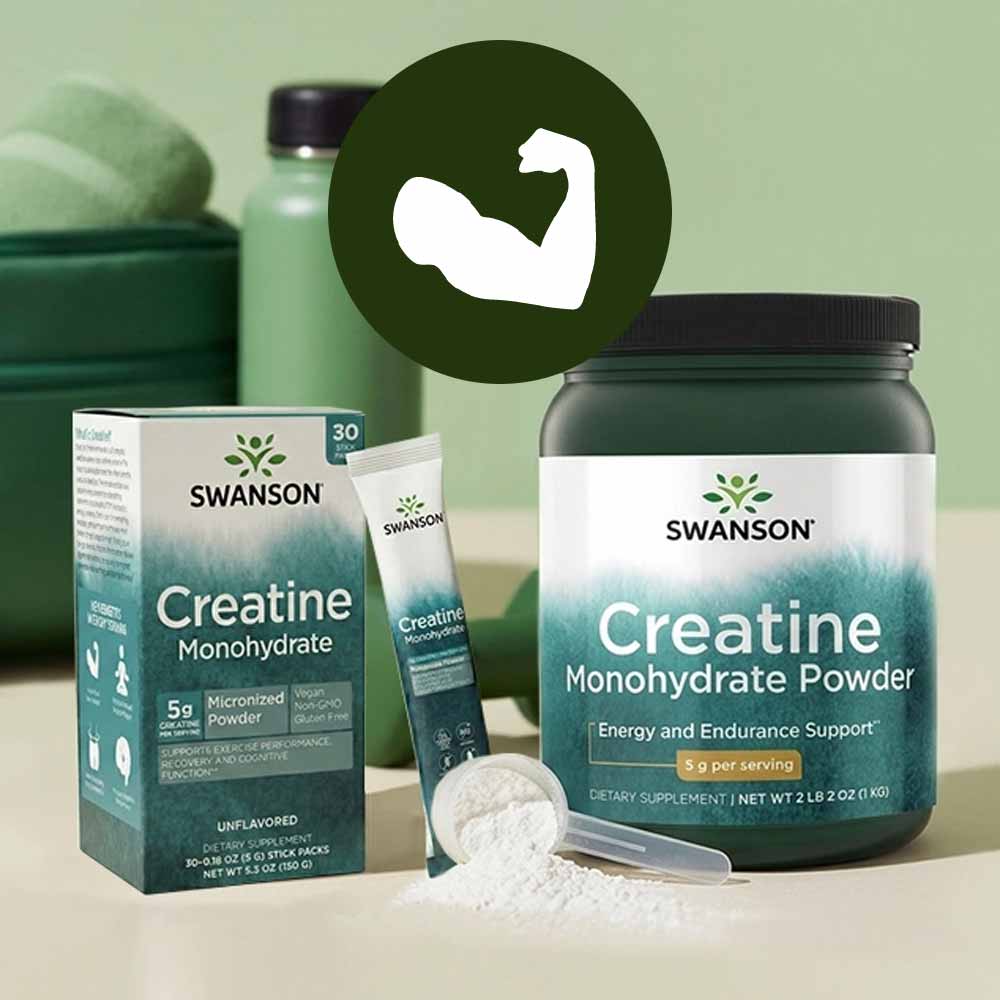 Swanson Creatine Monohydrate powder and stick packs with a scoop of powder, featuring a flexed bicep icon above.