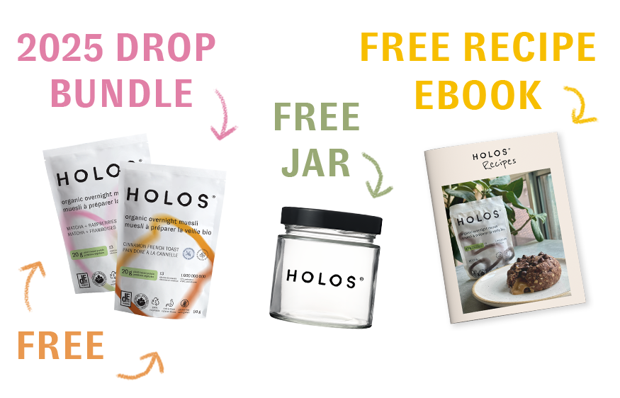 Image with HOLOS products, including muesli packets, a jar, and a recipe ebook.
