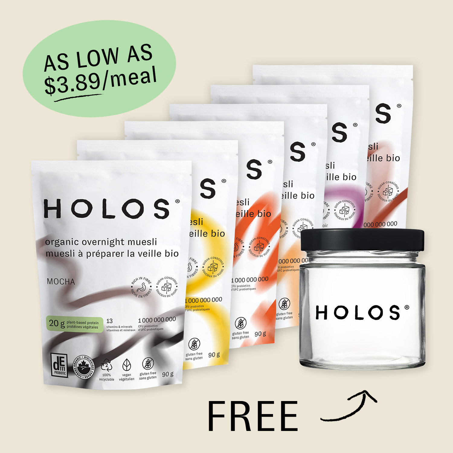 Five packs of HOLOS muesli and a glass jar labeled 'FREE'.