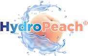 Logo featuring 'HydroPeach' text with a peach surrounded by splashing water.