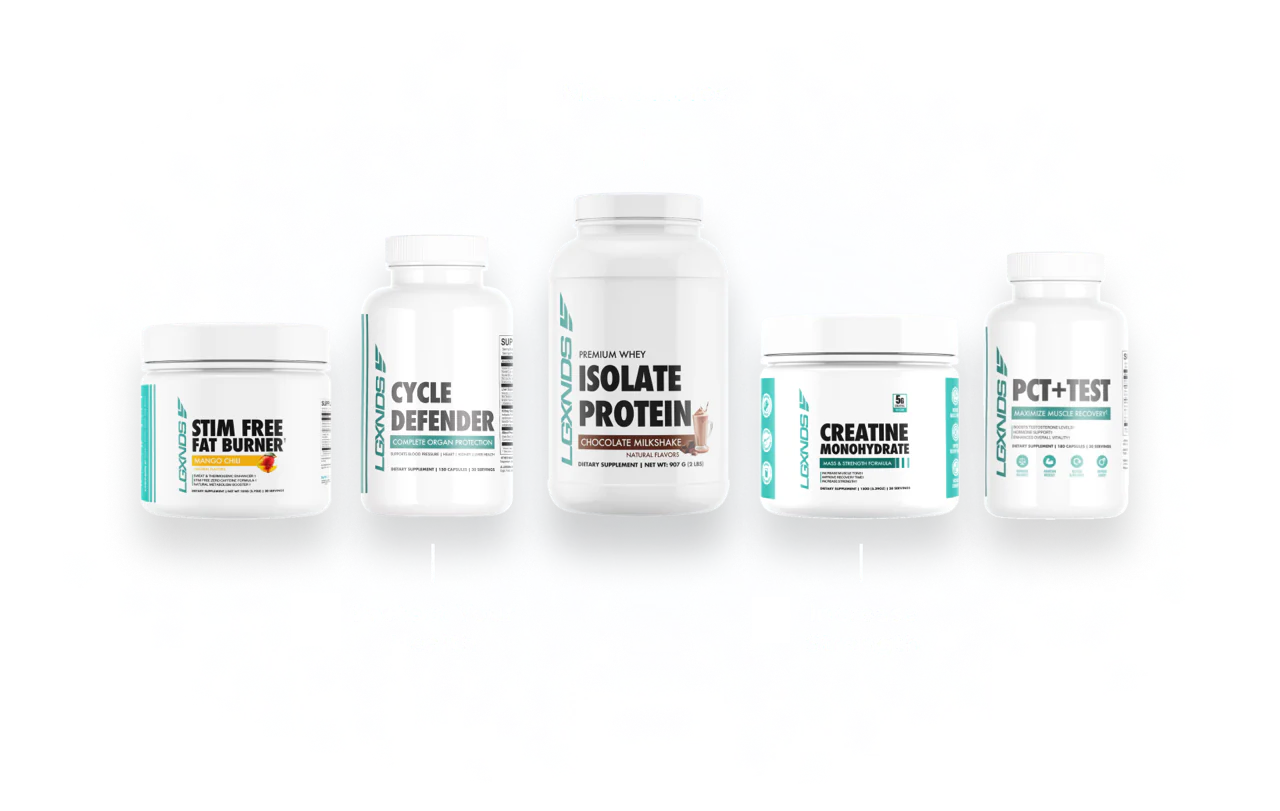 Five supplement bottles for health and fitness enhancement.