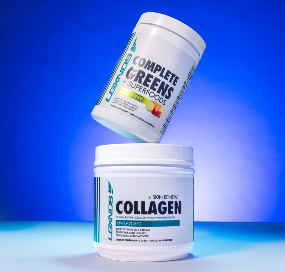 Two supplement containers against a blue background.