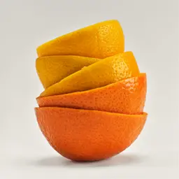 Stacked orange and lemon slices on white background.