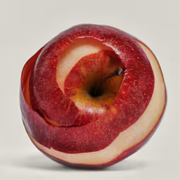 Red apple with a spiral cut peeling partially removed.