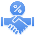 A blue icon depicting a handshake with a percentage sign symbol above it.