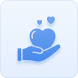 A blue icon of a hand holding a large heart with two smaller hearts floating above it.