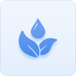 A blue icon of a water droplet hovering over two leaves on a light blue background.