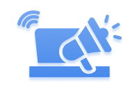 A blue icon showing a laptop with a Wi-Fi signal next to a megaphone.