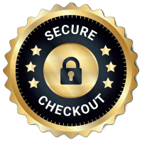Gold and black badge with text: 'beveiligde checkout' and a padlock icon.