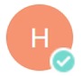 Orange circle with white 'H', turquoise checkmark at bottom right.