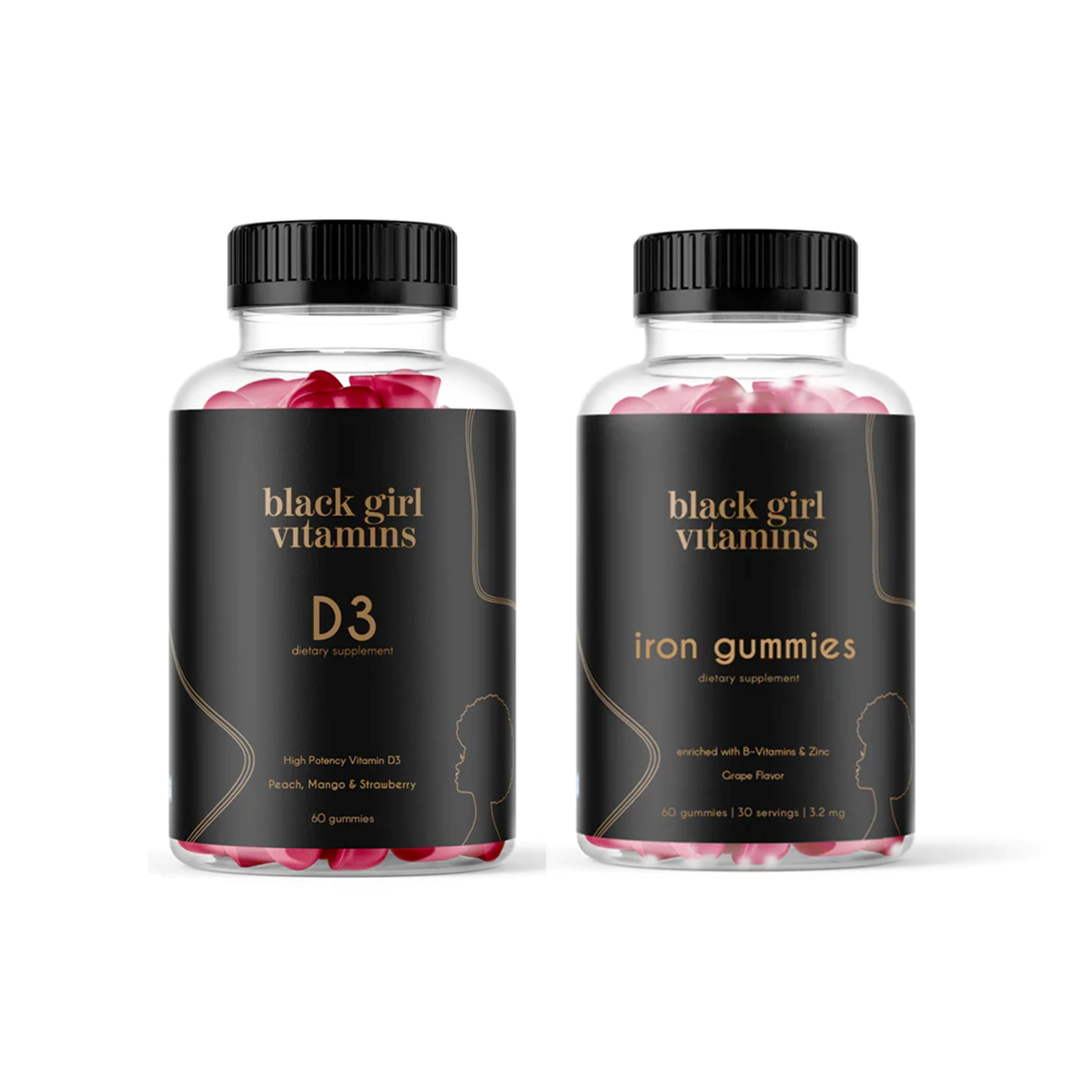 Two bottles of Black Girl Vitamins gummies with black labels.