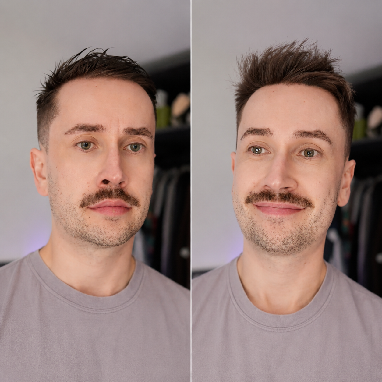 A before and after split-screen image showing a man with wet hair and then with dry, styled hair.