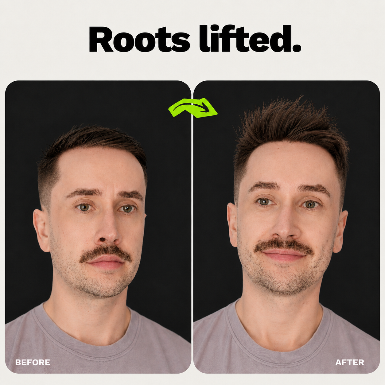 A before and after image showing a man's hair with significantly more volume and lift.