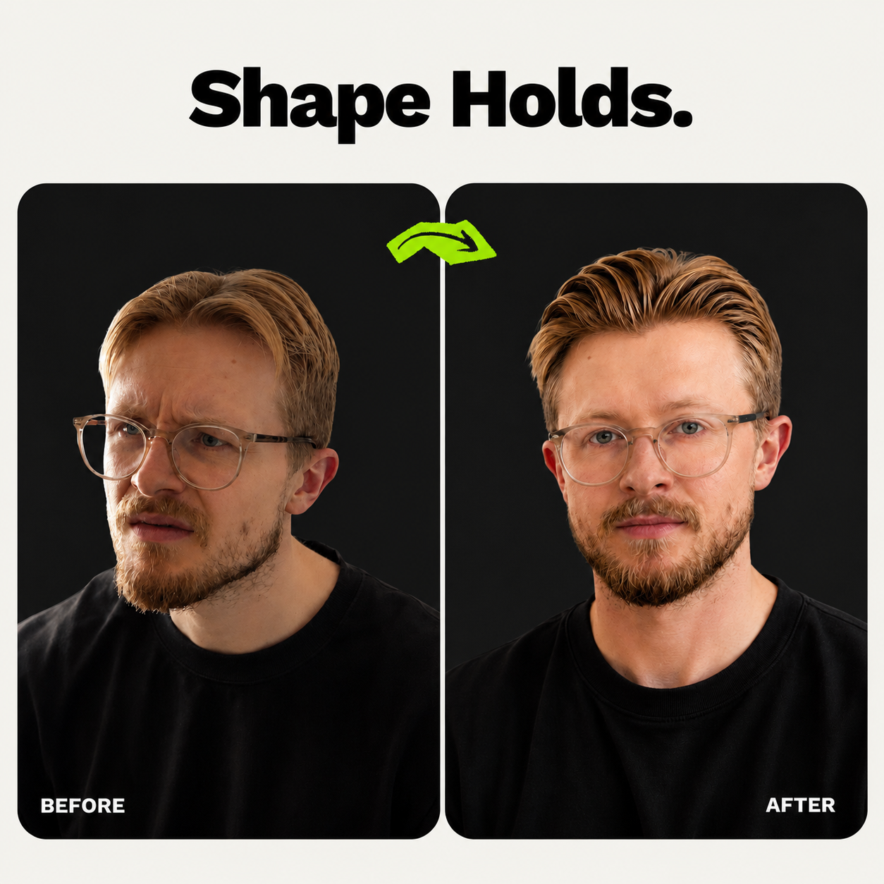 A before and after comparison of a man with glasses, showing his hair styled from messy to neat.