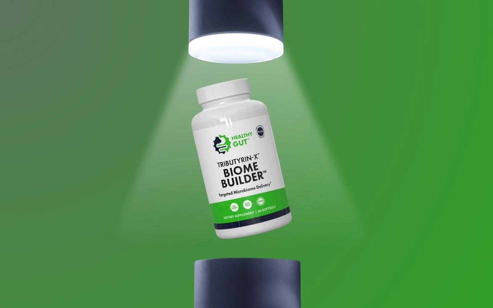 A bottle of Biome Builder supplement under spotlight on a green background.