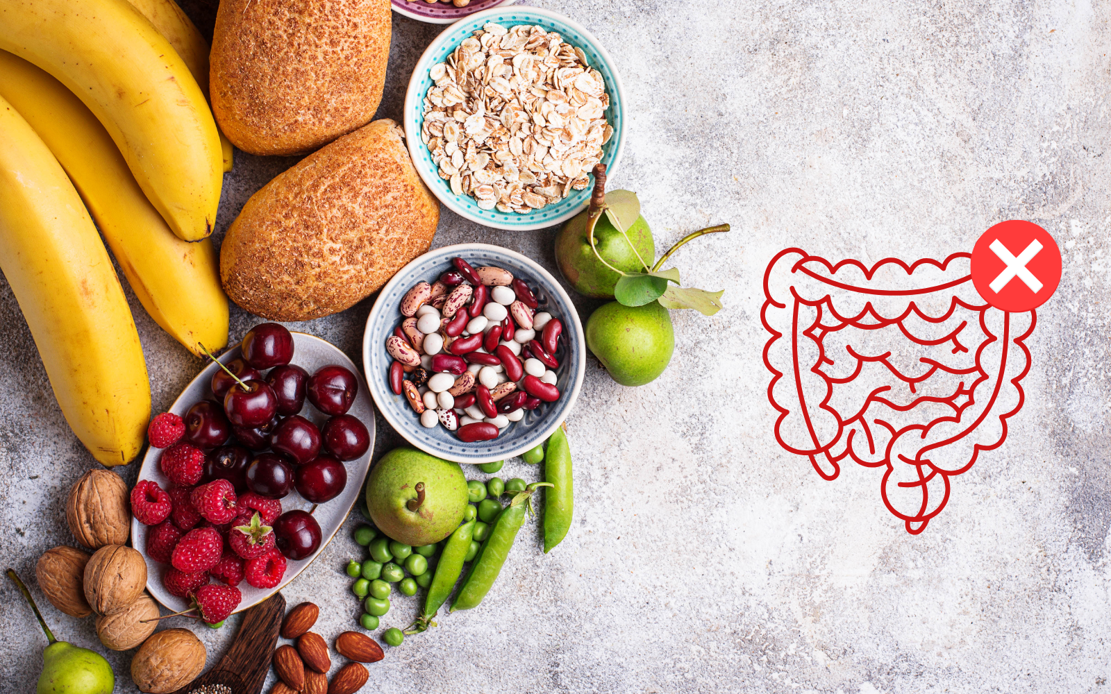 An assortment of high-fiber foods next to a graphic of intestines with a red X.