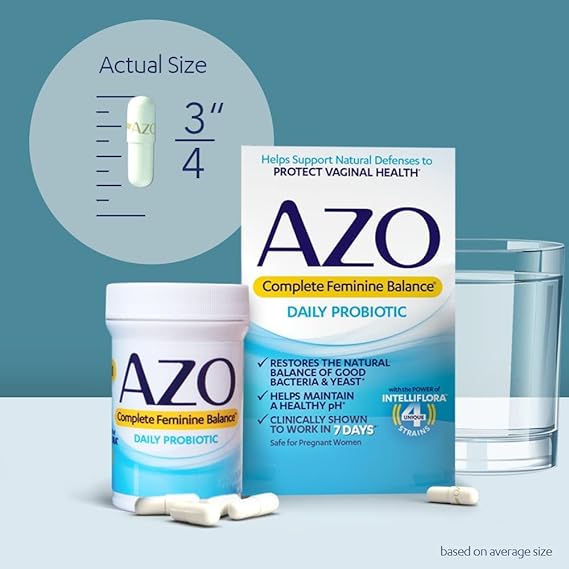 AZO Complete Feminine Balance probiotic packaging with capsules and a glass of water.