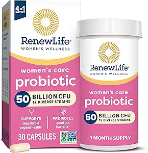 RenewLife Women's Care Probiotic packaging with 30 capsules and product details.