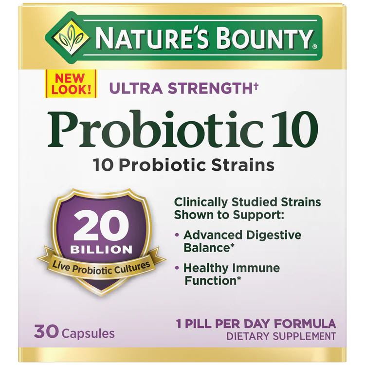 Nature's Bounty Probiotic 10 supplement box with 30 capsules.