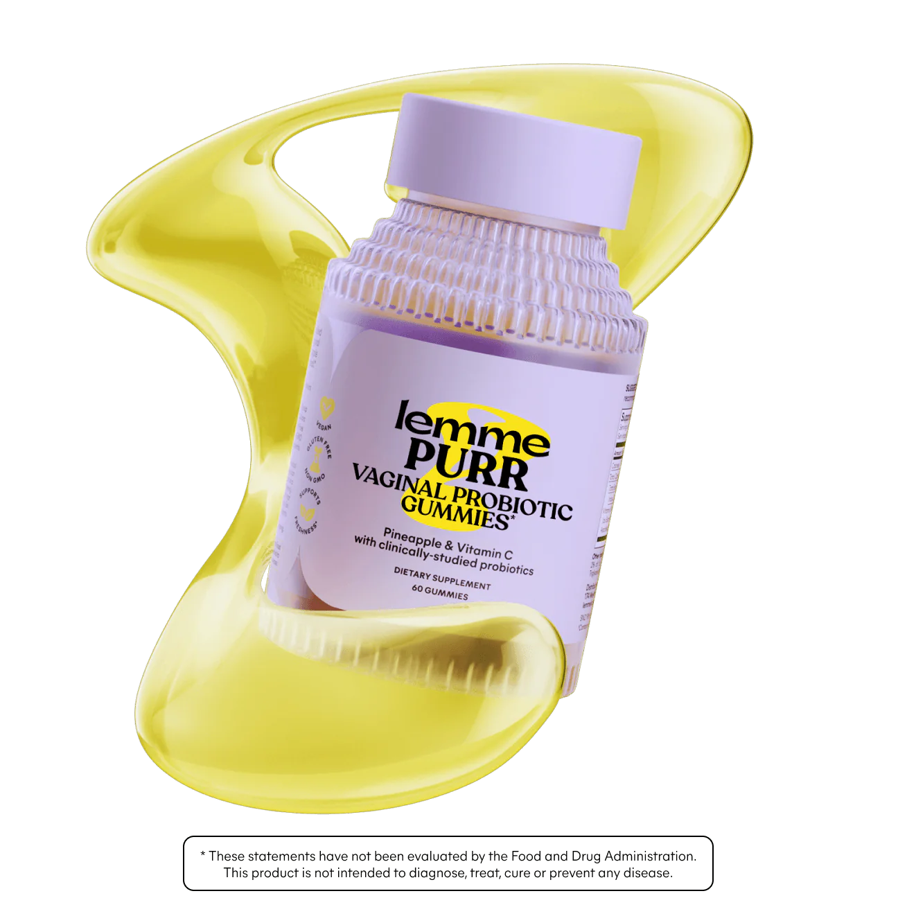 Bottle of vaginal probiotic gummies with a yellow abstract background.