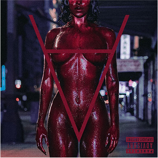 Person covered in red paint with a triangle overlay, standing in a dimly lit street.