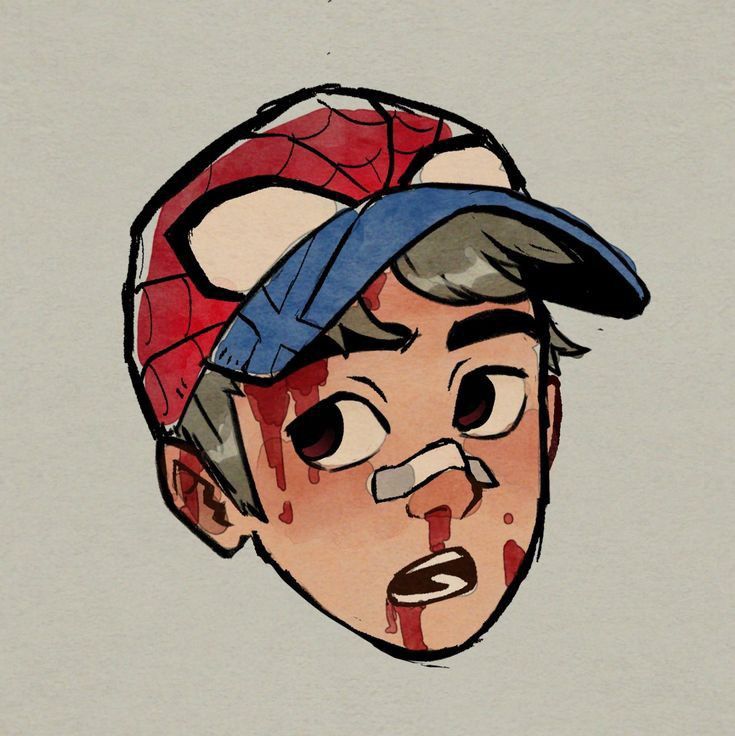 Illustration of a boy in a cap with a bruise and nose plaster.