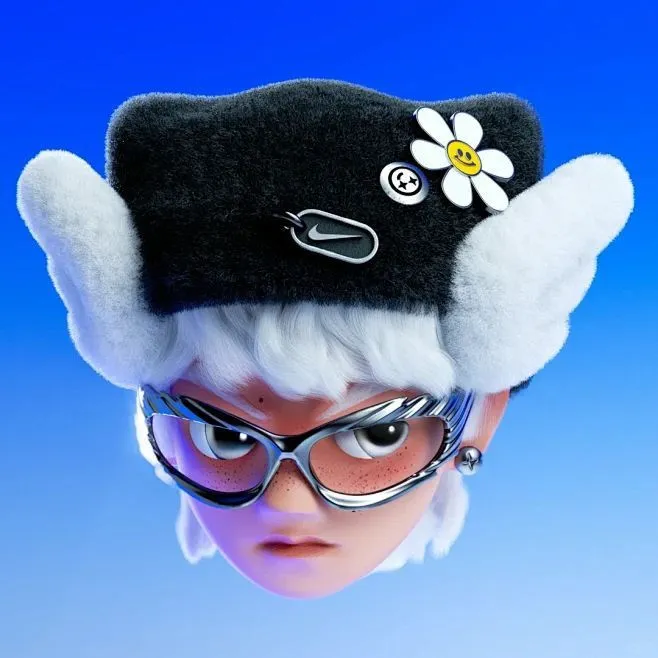 Cartoon character with glasses, fluffy hat with pins, and stern expression on a blue background.
