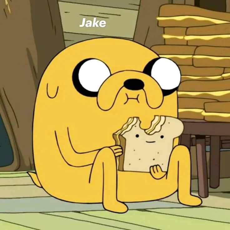 Cartoon dog eating a sandwich with stacks of toast nearby.