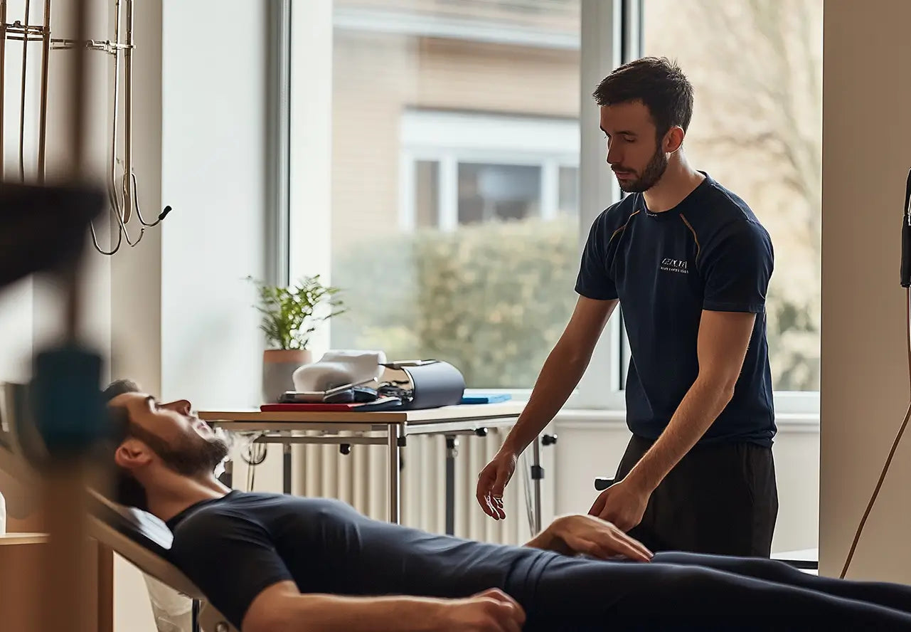 A person receiving treatment from a therapist in a bright room.