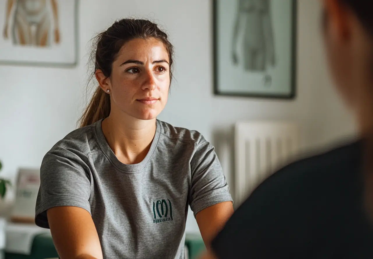 Woman in a gray shirt sitting indoors, facing another person.