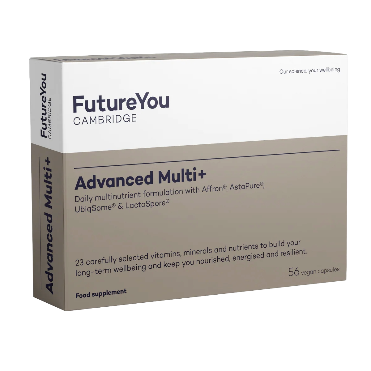 A box of FutureYou Cambridge Advanced Multi+ food supplement, containing 56 vegan capsules, on a green background.