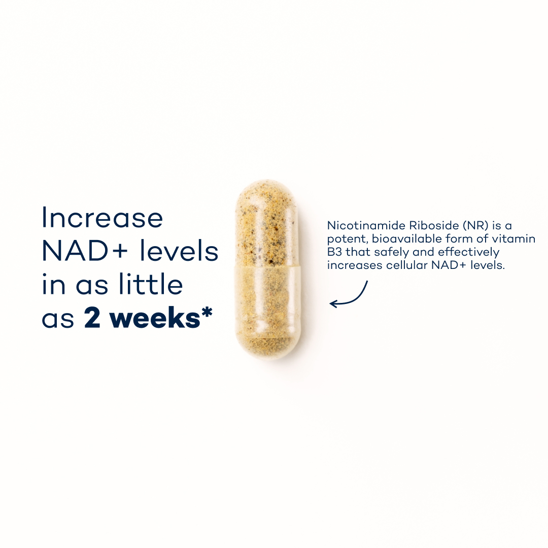 A single supplement capsule on a white background with informational text about its benefits and ingredients.