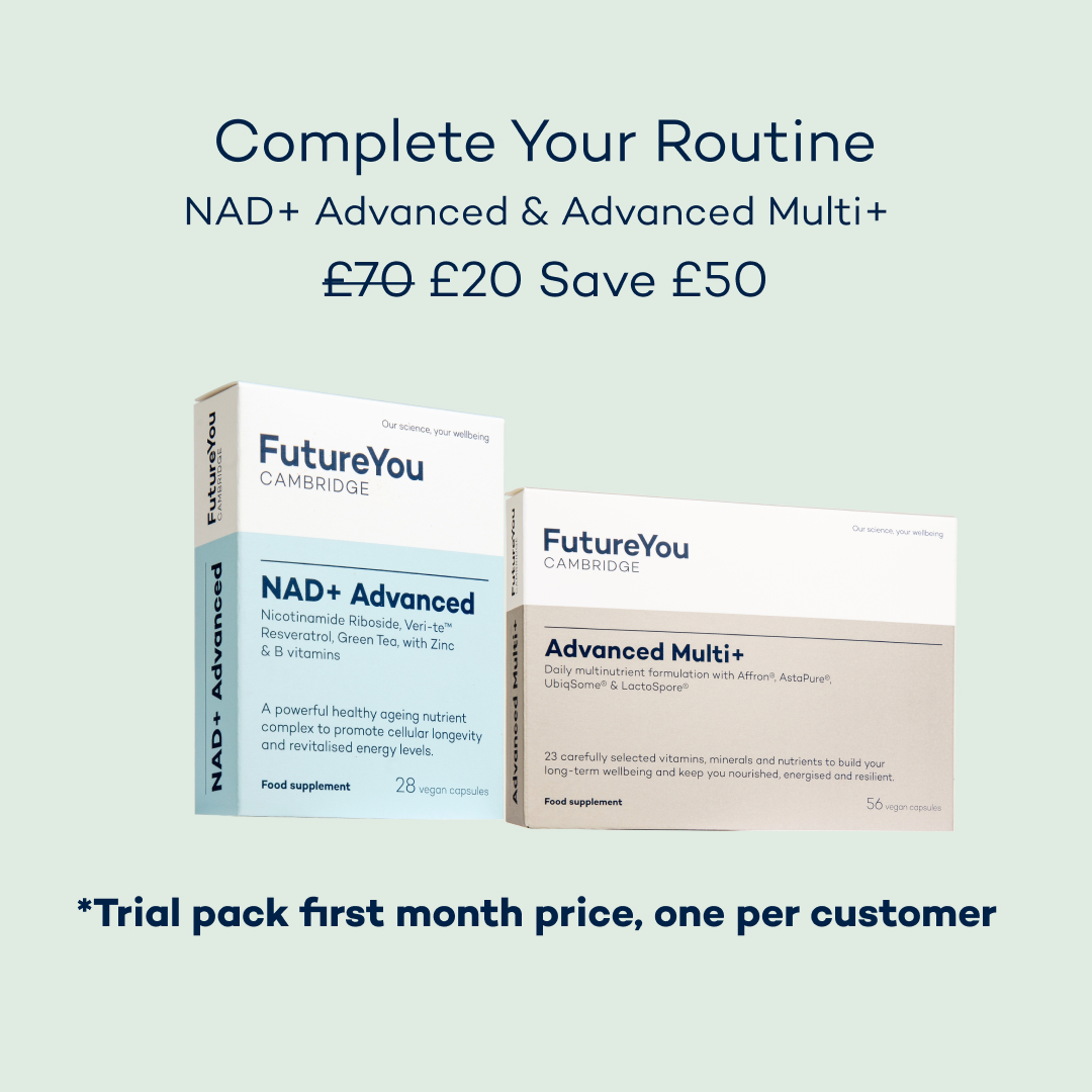 Two boxes of FutureYou Cambridge supplements, NAD+ Advanced and Advanced Multi+, with promotional text on a green background.