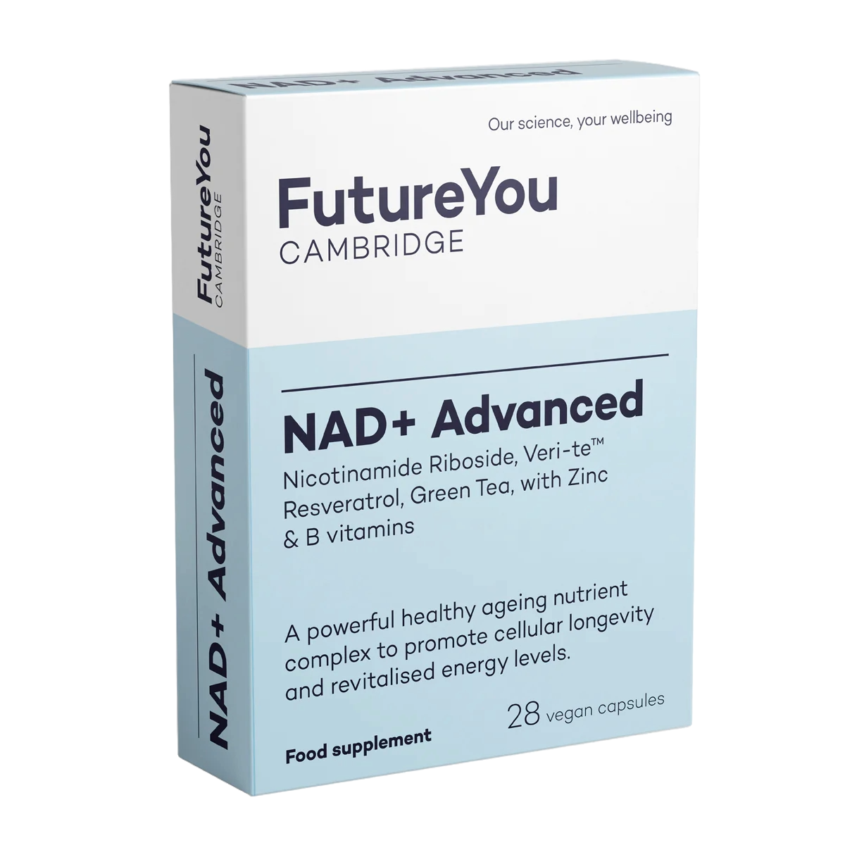 A white and blue box of FutureYou Cambridge NAD+ Advanced food supplement against a plain background.