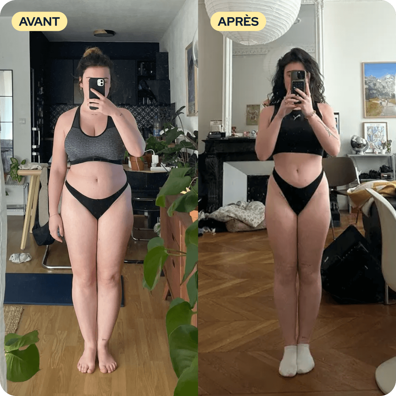 A before and after comparison photo of a woman showing her body transformation in mirror selfies.