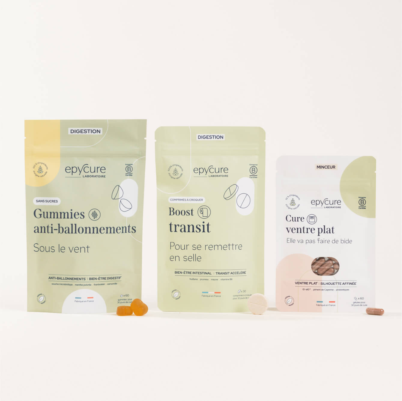 Three bags of epycure food supplements displayed on a white background.