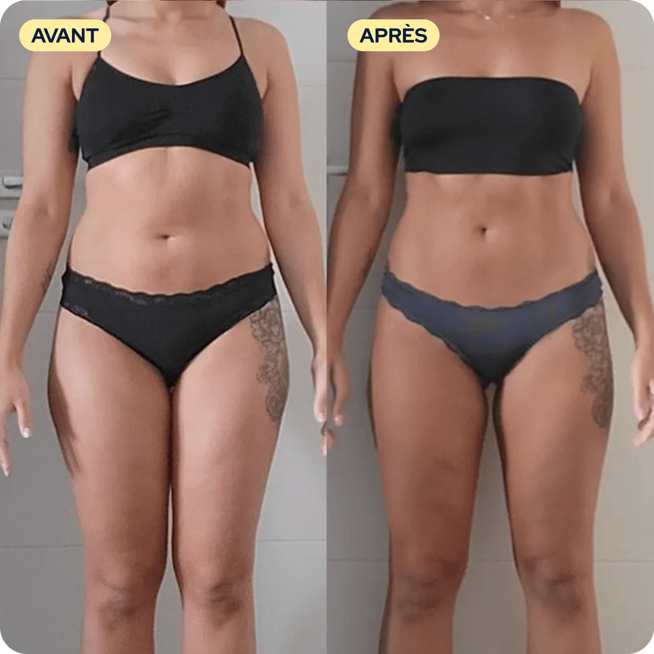 A before and after comparison photo of a woman in her underwear, showing a more toned abdomen and thighs.