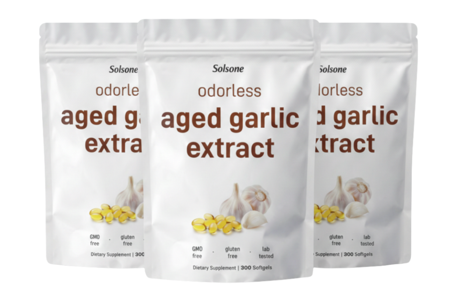Three white pouches of Solsone odorless aged garlic extract softgels against a white background.