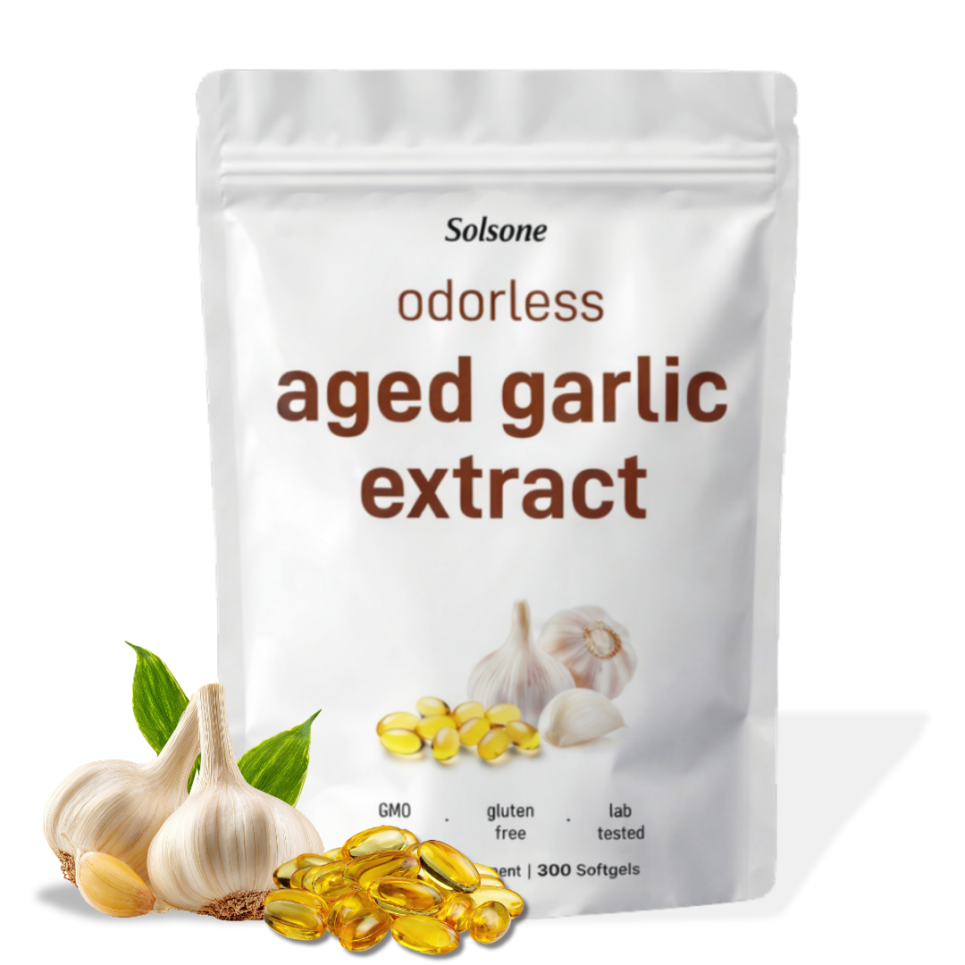 A white pouch of Solsone odorless aged garlic extract with garlic bulbs and softgel capsules in the foreground.