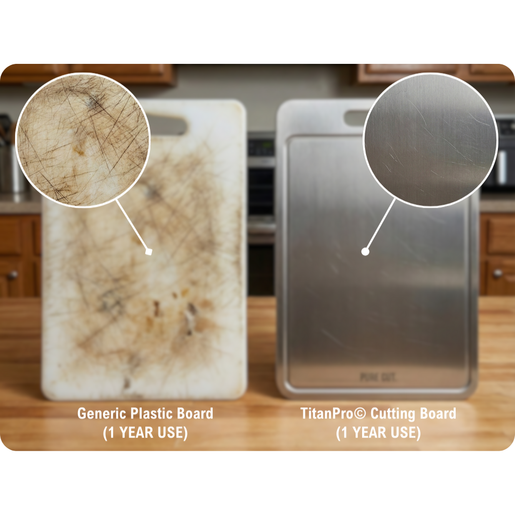 Two cutting boards showing wear after one year of use; plastic versus metal.