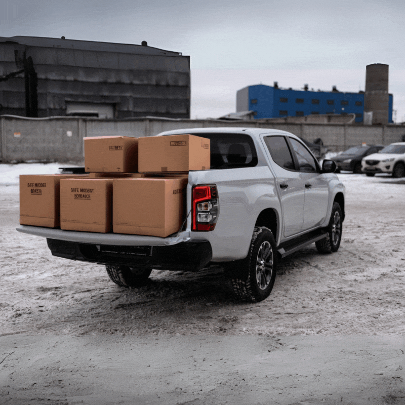 Pickup truck with cardboard boxes in snowy industrial area.