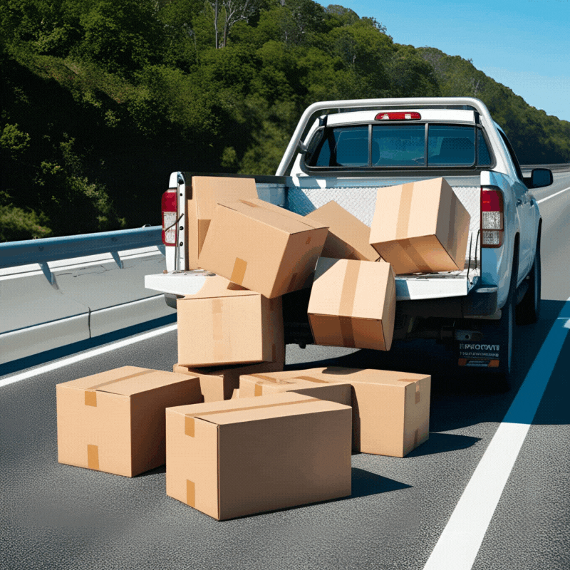 Cardboard boxes falling from a pickup truck on a highway.