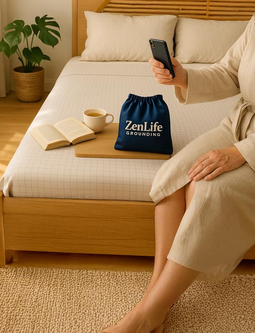 Person in robe holding phone, sitting on bed with book, cup, and ZenLife bag.