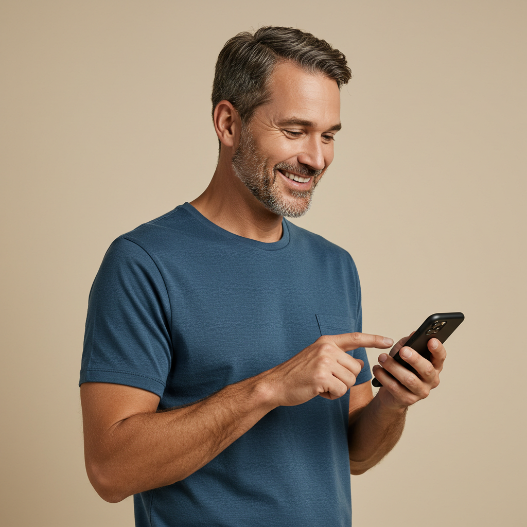 Man in blue shirt smiling while using a smartphone.
