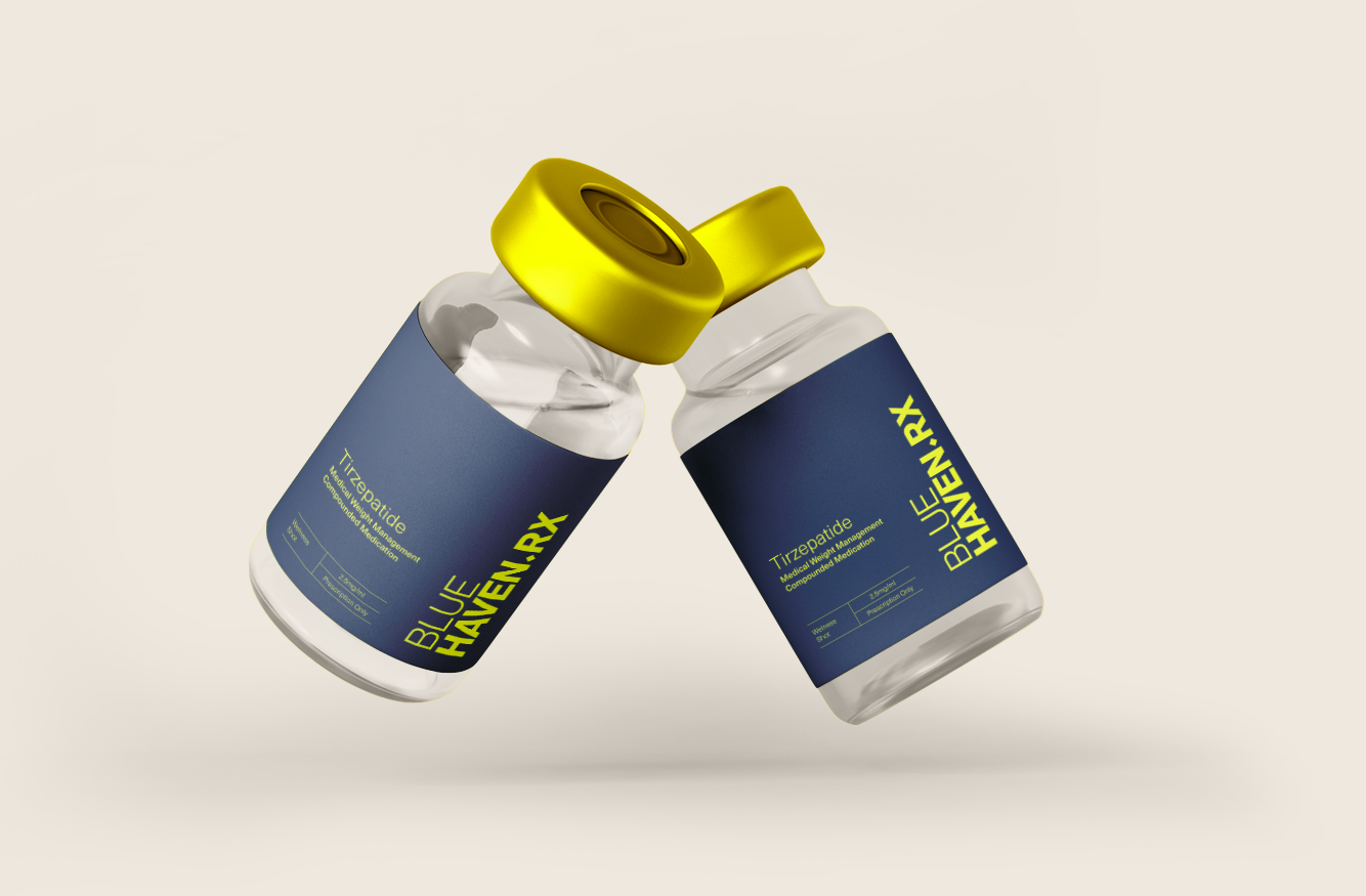 Two vials labeled 'Blue Haven RX' with yellow caps on a light background.