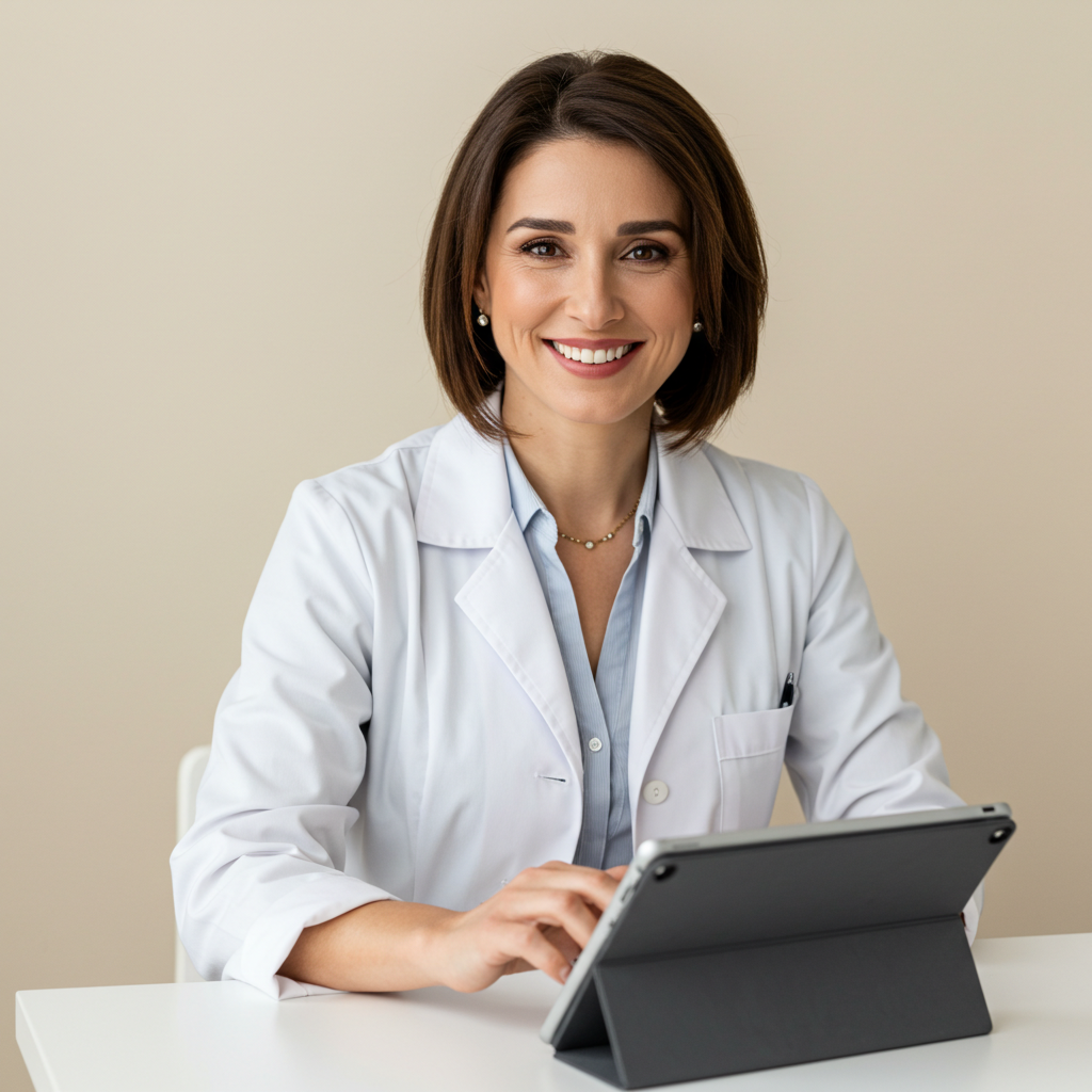 Smiling person in a white coat using a tablet at a desk.