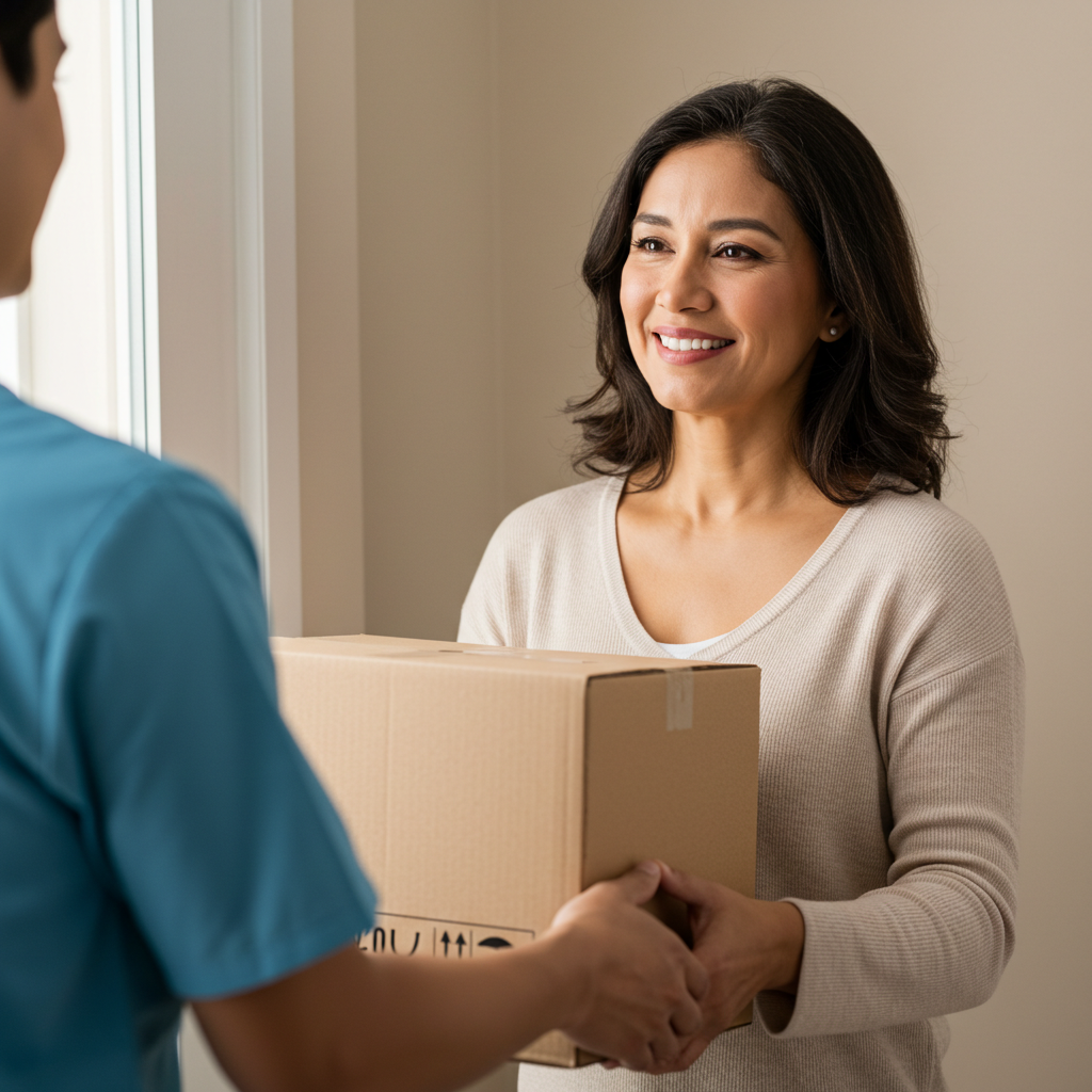 Woman receiving a package from a delivery person indoors.