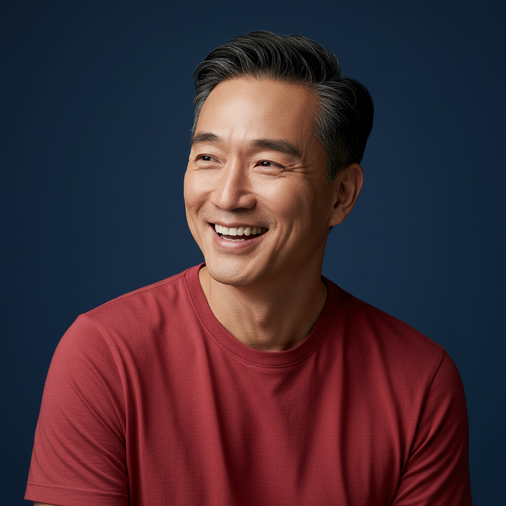 Smiling man in a red shirt against a dark blue background.