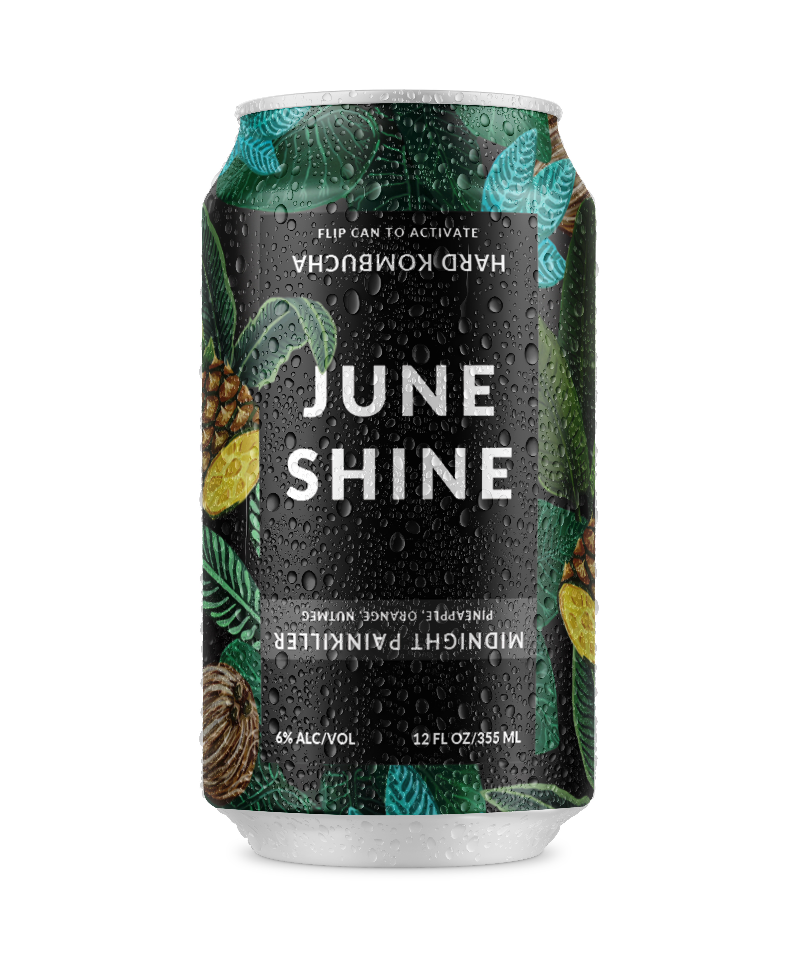 A can of June Shine with tropical fruit and leaf design.